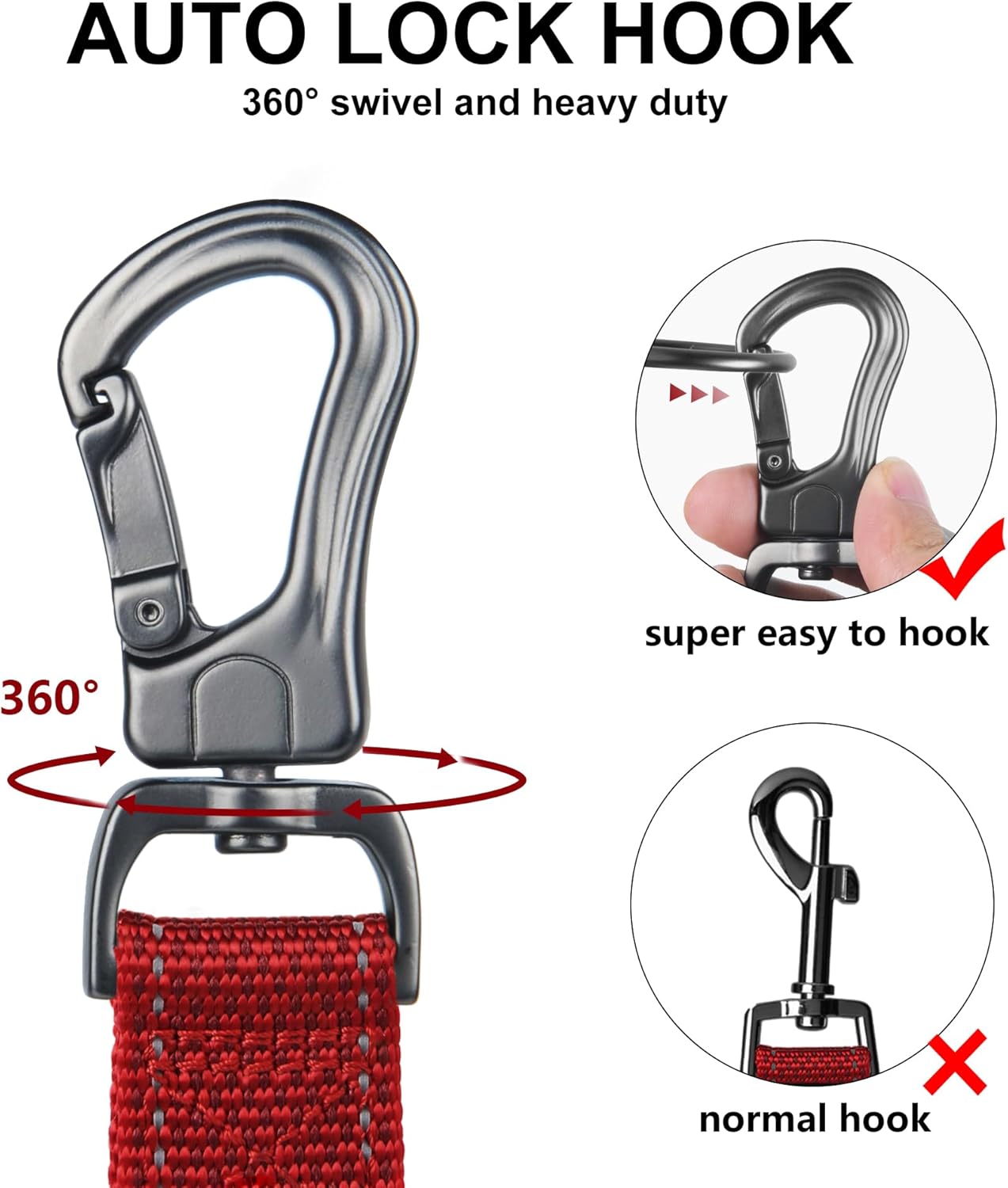 TwoEar 5FT 1IN Strong Red Dog Leash with 2 Padded Handles, Traffic Handle Extra Control, Comfortable Soft Dual Handle, Auto Lock Hook, Reflective Walking Lead for Small Medium and Large Dogs