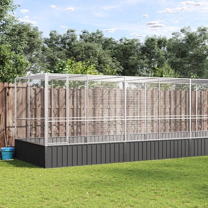 Large Metal Heavy Duty Walk-in Aviary Cage with Extension, Ample Activity Space Bird Cage with Lockable Door Also for Chickens and Rabbits, Silver 327.6"x81.5"x83.5" Steel,-521