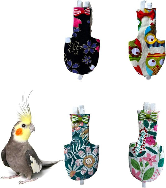 UKJENT Bird Diaper Protective Parrot Nappy - 4 Pack, Reusable Flight Suit with Waterproof Inner Layer, Washable Cute Urine Wet Suit for Parakeet Cockatiel Mini Macaw Budgie Canary(M)