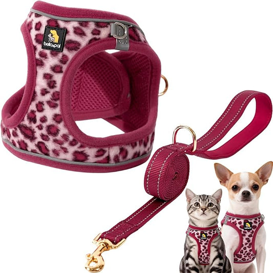 BELLA & PAL Step in Vest Harness for Small and Medium Dogs, No Pull Small Dog Harness with Leash Set, Comfortable Air Mesh Dog Vest Harness with Reflective Strip (Pink Leopard, S)