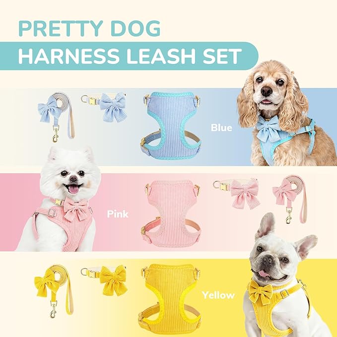 Small Dog Collar Harness and Leash Set, Dog Harness no Pull with Bowtie, Breathable Cotton Adjustable Pet Puppy Harness, Easy Walk Dog Harness, M(16-21")