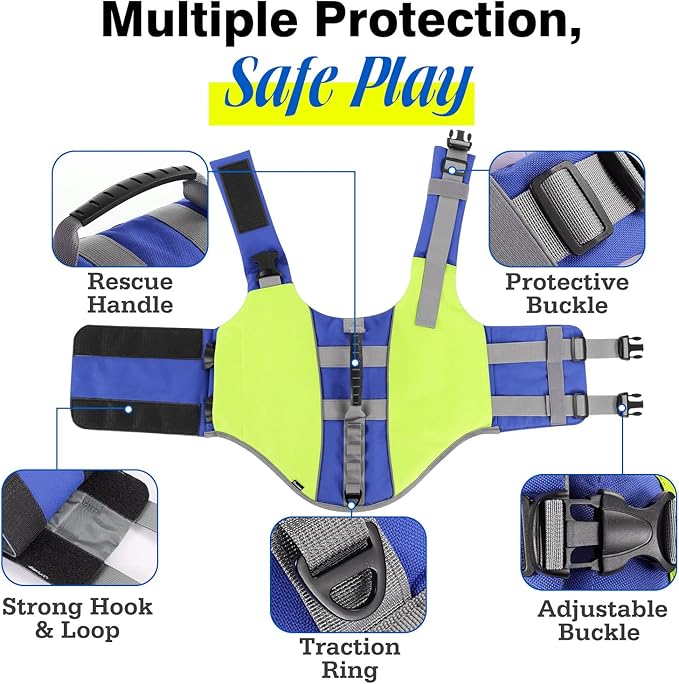 Pawaboo Dog Life Jacket, Reflective Safety Vest with Adjustable Pet Life Preserver, Ripstop Dog Lifesaver for Swimming, Boating - Bright Yellow, XL