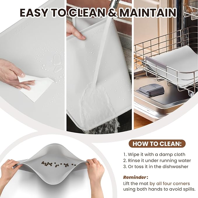 VIVAGLORY Dog Food Mat Flexmat Dog Bowl Mat, Placemat Food Tray with Raised Edges & Lip for Indoor Floor, Non Slip Waterproof Silicone Dish Placemat for Cat & Pet, L, Chocolate