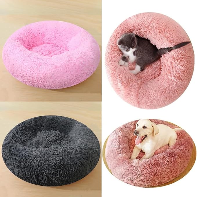Large Calming Dog Bed, 40 Inch Anti-Anxiety Donut Dog Cuddler Cat Bed, Warming Cozy Soft Dogs Round Bed, Fluffy Faux Fur Machine Washable Pet Cushion for Medium Large Dogs & Cats (Khaki)