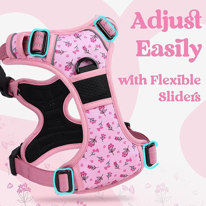 rabbitgoo Dog Harness for Large, No Pull Pet Harness with 3 Buckles, Adjustable Soft Padded Vest with Control Handle, Walking Reflective Pet Vest for Large Dogs, Floral Pink, L