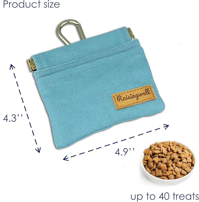 Dog Treat Pouch, Green Pocket Sized Pet Training Pouch, Cotton Fabric, Hand Free Dog Walking Bag with Carabiner, Self-Closing Pet Feed Snack Reward, for Puppy Travel or Outdoor Use