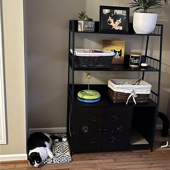 Recaceik Large Cat Litter Box Enclosure with Shelf Storage, Hidden Cat Washroom Furniture, Wooden Cat House with Scratch Pad, Sturdy Indoor Cat Cabinet with 2 Doors, Black