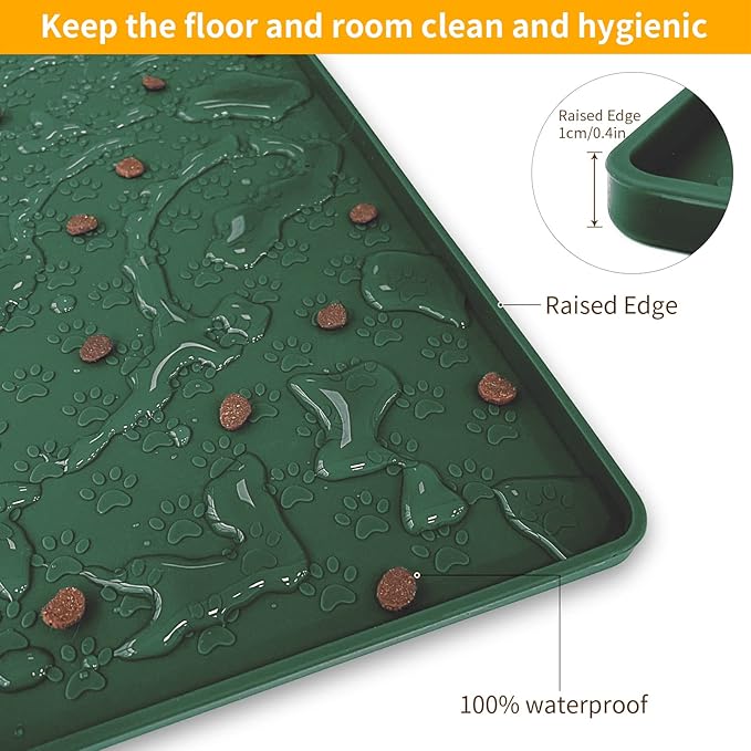 Ptlom Pet Placemat for Dog and Cat, Waterproof Silicone Pet Feeding Bowl Mats for Food and Water, Small Medium Large Dogs Mat Prevent Residues from Spilling to Floor, Hunter, 11.8"x11.8"