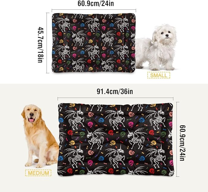 Gothic Unicorn Skeleton Skull Pet Bed Cute Dog Bed Mat Absorbing Non Slip Pad Pet Sleeping Mat for Small, Medium, and Large Dogs Puppy Cat 24 in x 18 in