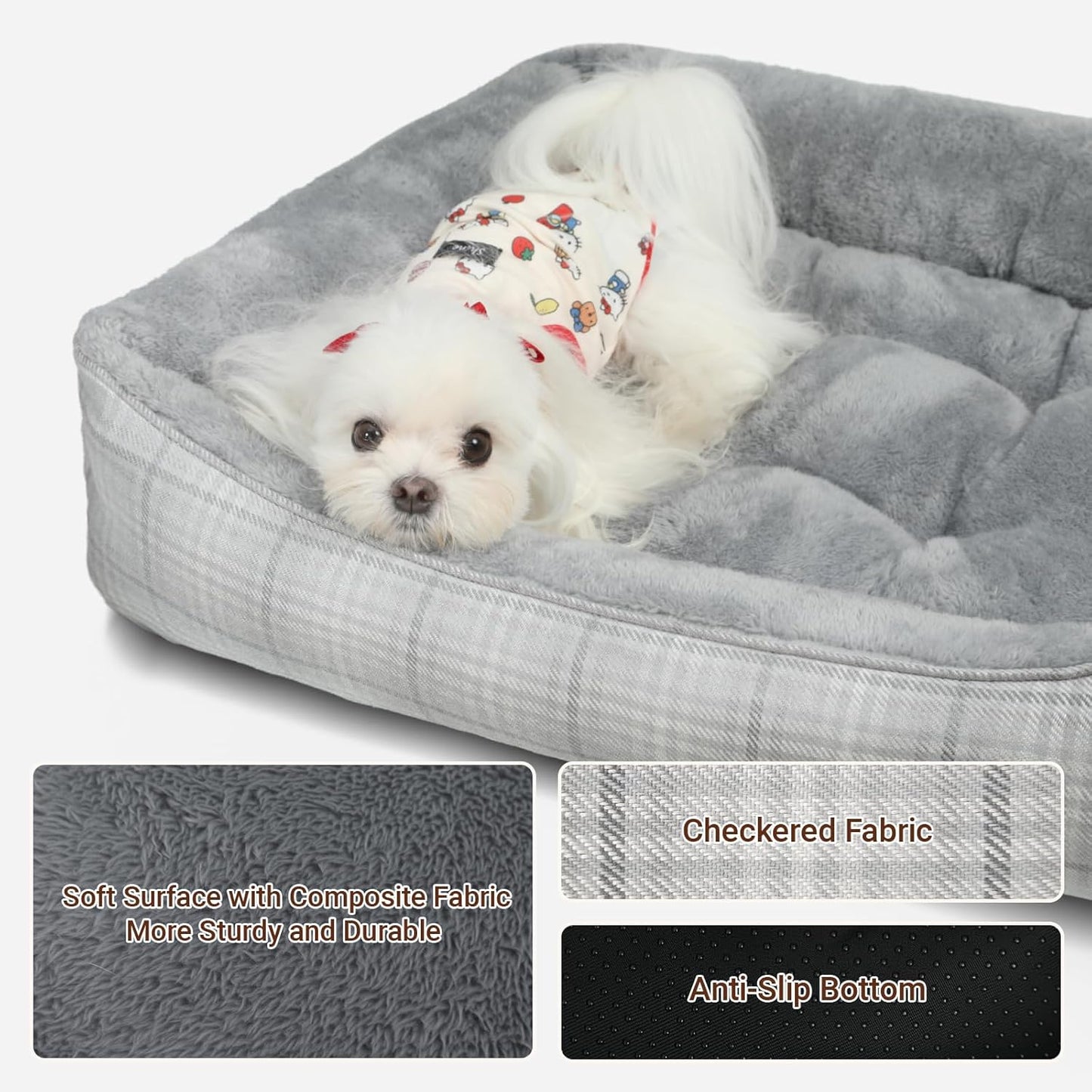 MIHIKK Rectangle Dog Beds for Small Medium Dogs & Cats, Orthopedic Sleeping Pet Bed for Couch with Durable Puppy Cuddler and Anti-Slip Bottom Machine Washable 25 * 21 Inch (Gray)