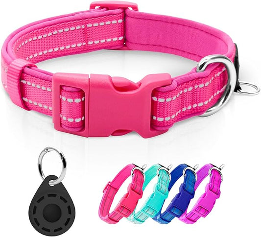 azuza Reflective Dog Collar with Airtag Holder, Soft Neoprene Padded Pet Collar with ID Tag Ring, Adjustable for Medium Dogs,Hot Pink,M