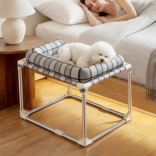 Bedside Cosleeper Dog Cat Bed - Height Elevated Dog Bed with Bloster Extension Attached to Human Bed Dog Cat Window Perch Bedside Lounge Elevated Dog Bed with Pillow (26 x 20 x 20 Inch)