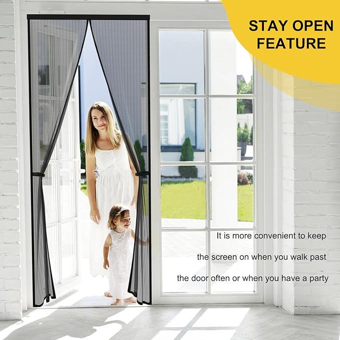 Magnetic Screen Door - Fit for Door Size: 30x80 Inch, Screen Itself Size: 32"x82", Hands Free Mesh Partition,Heavy Duty Screen Door Mesh Curtain Keeps Bugs Out, Frame Hook & Loop, Pet and Kid Friendly