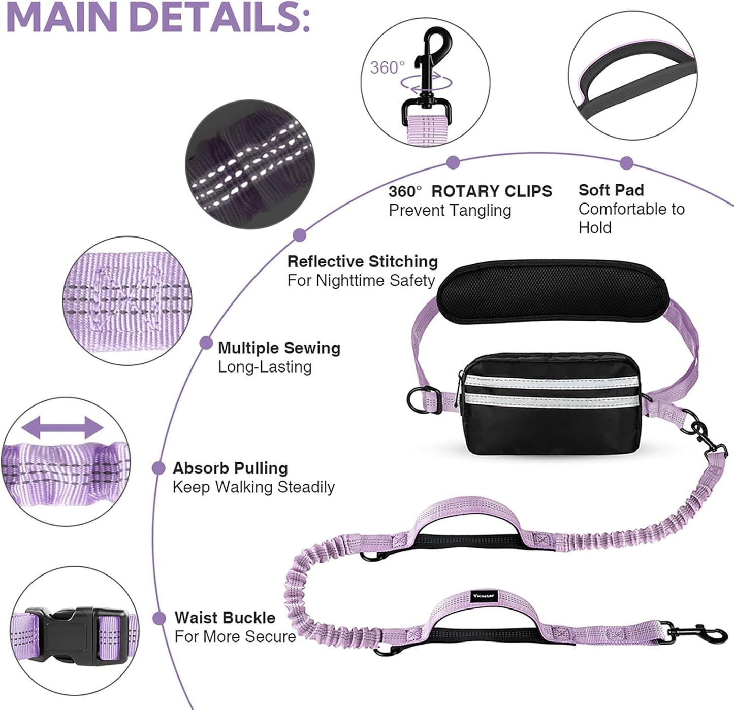 Hands Free Dog Leash with Pouch, Double Leash for Two Dogs, Retractable Bungee with Double Padded Handles, Dog Waist Leash for Dog Walking, Running Leash for Dogs, Dog Walking Accessories