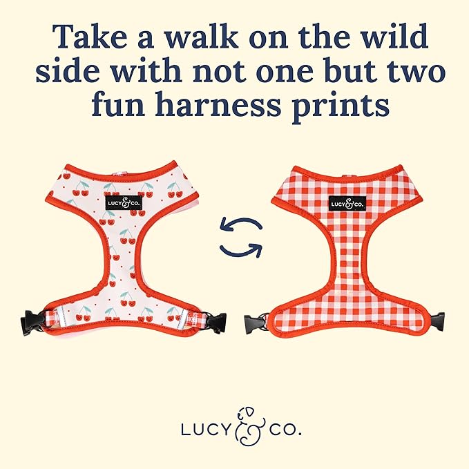 Lucy & Co. Cheery Cherries, Cute Reversible Dog Harness Walking Halter - Best Designer Pet Harnesses for XS - XL Dogs - Padded Adjustable Vest for Easy Walking (X-Large)