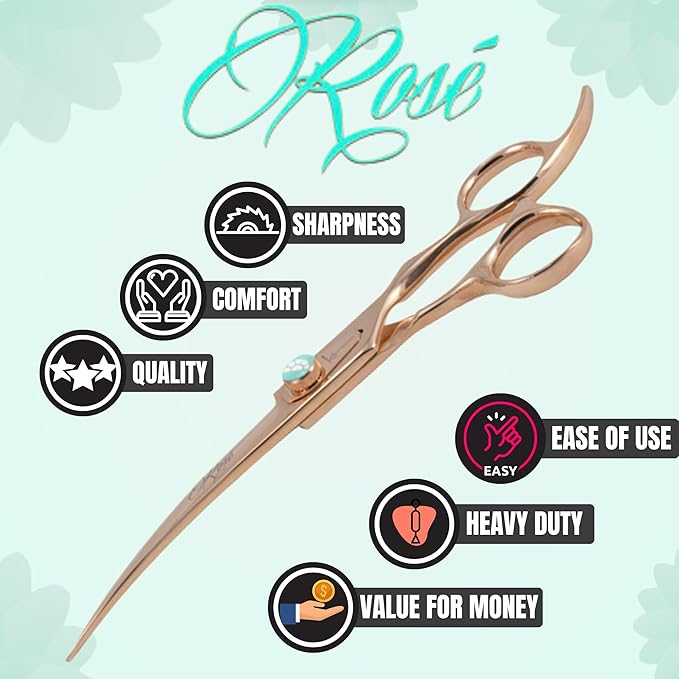 Kenchii Rose Dog Grooming Scissors, 7 Inch Curved Shears, Dog Scissors for Grooming, Ergonomic Design for Comfort and Precision, Heavy Duty, Durable and Sharp
