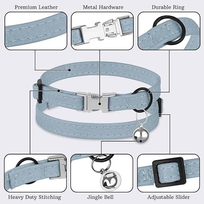 Leather Cat Collar with Buckle and Removable Bell - Non Breakaway Adjustable Soft Safety Small Pet Collars for Girl Boy Cats Kitten (Cornflower)