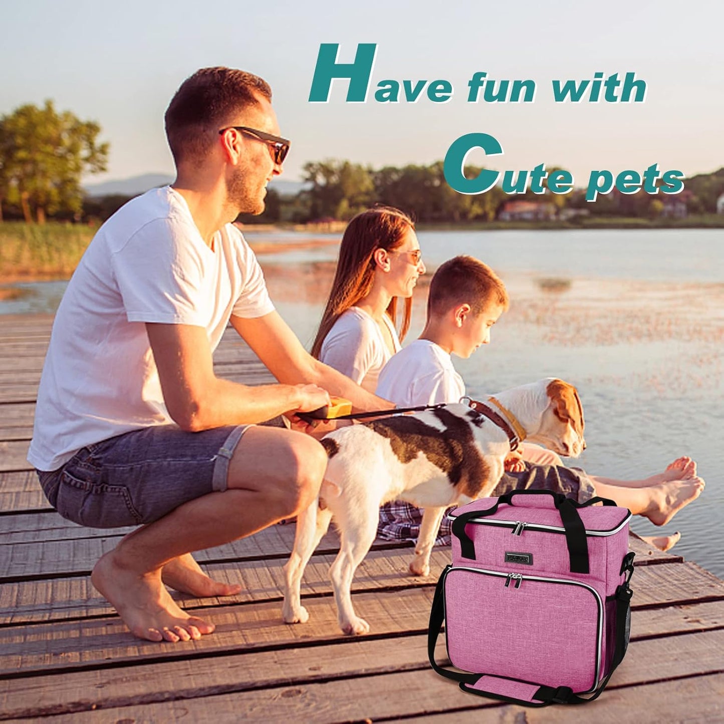 BAGLHER Dog Travel Bag, Pet Travel Bag (ALL Pet Travel Supplies), With 2 Pet Food Containers and 2 Collapsible Silicone Bowls; Essential Kits for Pet Travel Pink