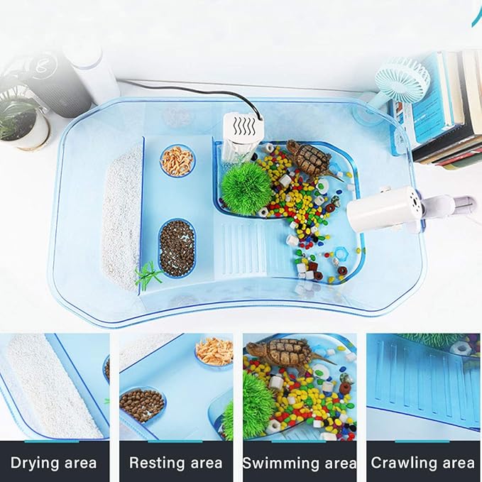 PINVNBY Plastic Turtle Tank Reptile Habitat Pet Terrariums Turtles Tank Aquarium Terrapin Topper Basking with Platform Plants,Durable,Safe, Non-Toxic(Blue)