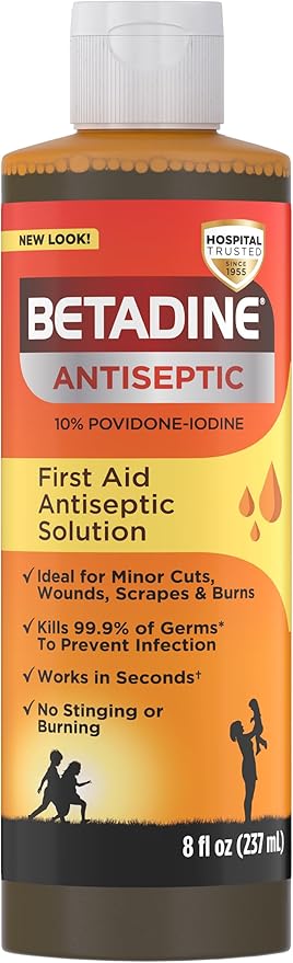 Betadine Antiseptic First Aid Solution, Povidone-iodine 10%, Infection Protection, Kills Germs In Minor Cuts Scrapes And Burns, No Sting Promise, No Alcohol or Hydrogen Peroxide, 8 FL OZ