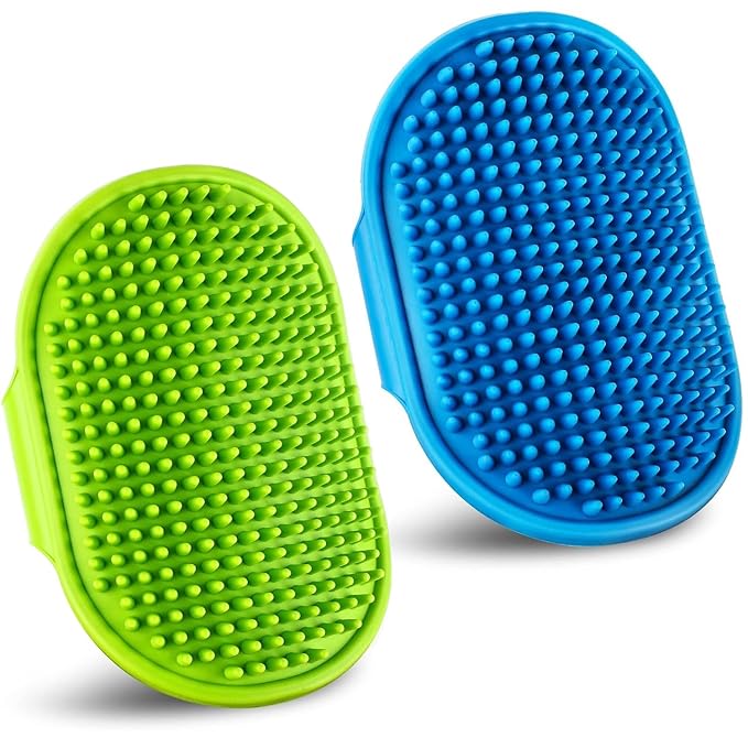 Dog Grooming Brush, Pet Shampoo Bath Brush Dog Grooming Shedding Brush Soothing Massage Rubber Comb with Adjustable Ring Handle for Long Short Haired Dogs and Cats 2pcs