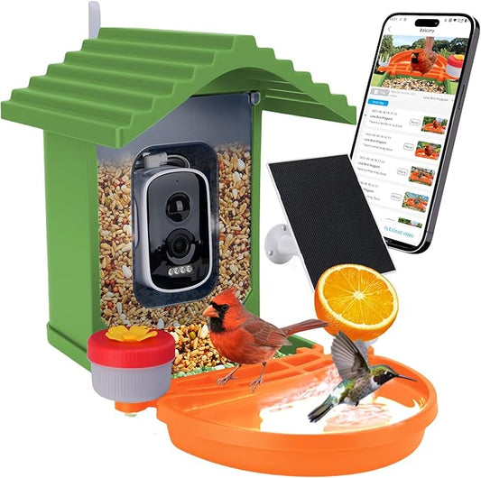 Smart AI Bird Feeder with Camera,2.5K HD Live View,Solar Powered,Instant Birds Species Recognition,Real Time Alerts,Wireless Birdhouse with Night Vision,Green
