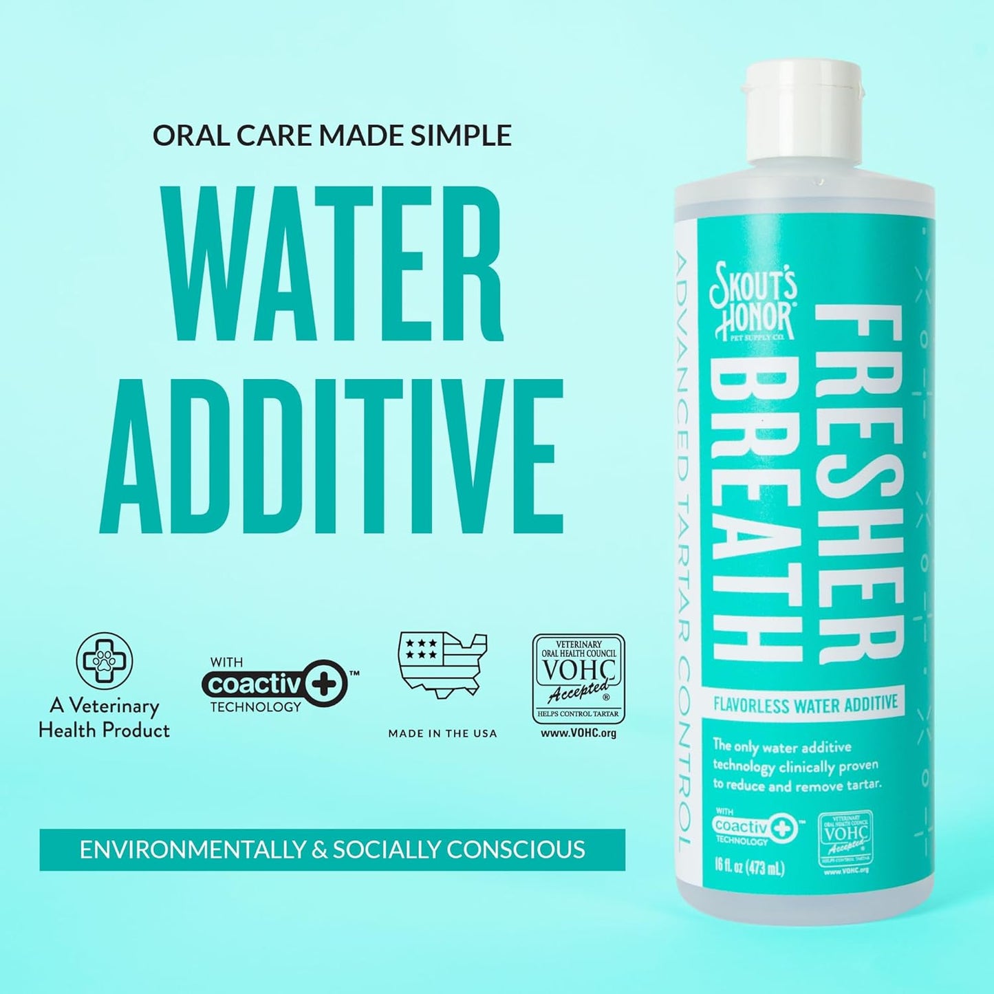 SKOUT'S HONOR Fresher Breath Water Additive for Pets - VOHC Accepted for Tartar Control, Freshens Breath Fast, No Brushing Required: Fresh & Flavorless 16oz - 3 Pack