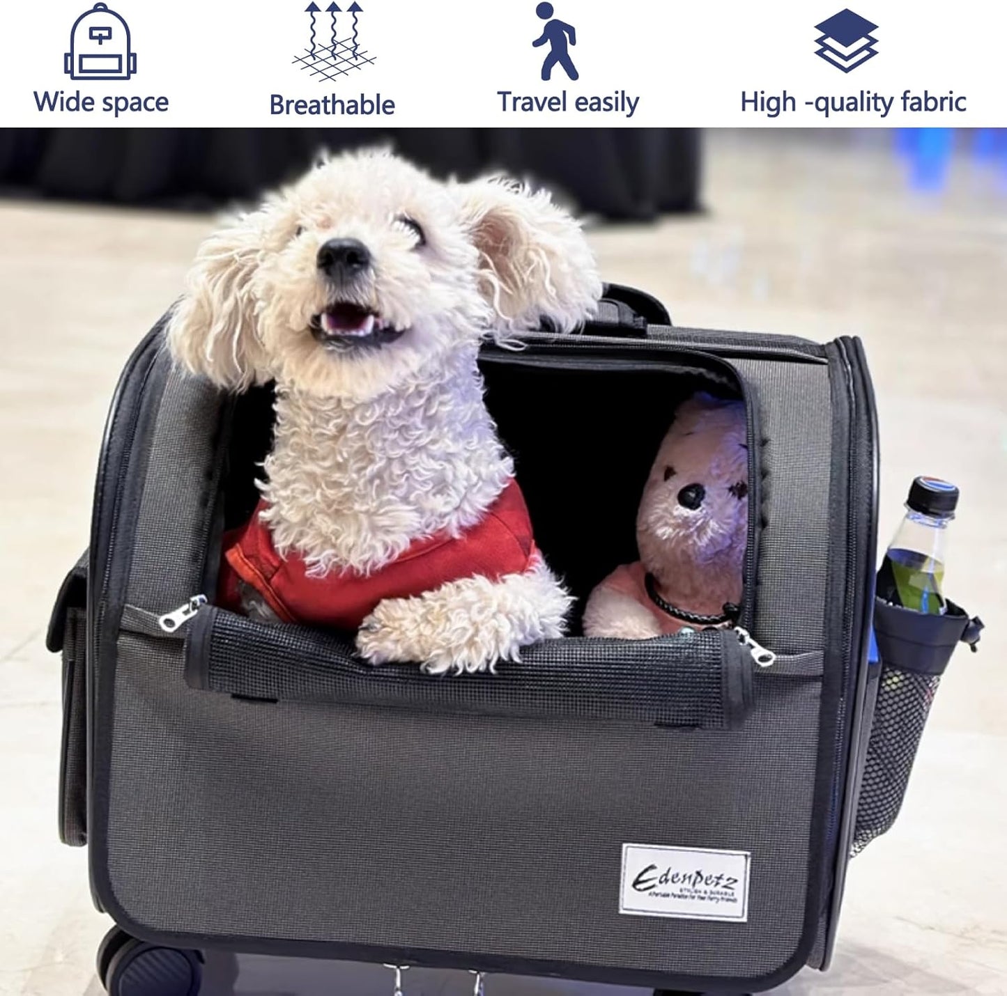Dog Travel Bag with Removable Rolling Wheels, Airline Approved Pet Carrier, Foldable Cat Bag with Breathable Mesh, Pet Stroller(Grey)