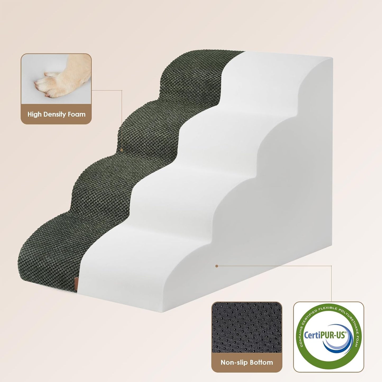 EHEYCIGA Curved Dog Stairs Ramp for High Beds 19.7" H, 4-Step Dog Steps for Small Dogs and Cats, Pet Stairs for High Bed Climbing, Non-Slip Balanced Pet Step Indoor, Olive Green