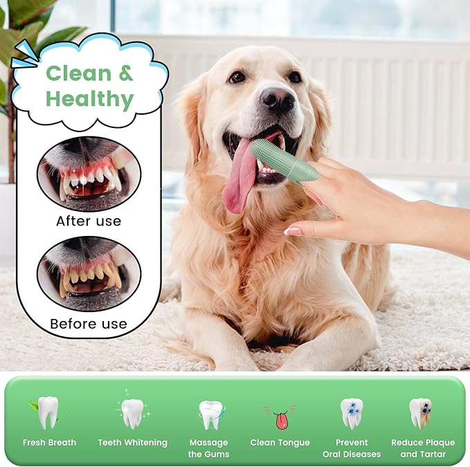Duckart LABRUSID Dog Toothbrush, 2 Pack Dog Tooth Brush, 360 Cleaning Finger Toothbrush for Adult Dogs, Soft Silicone, Cream-coloured & Green