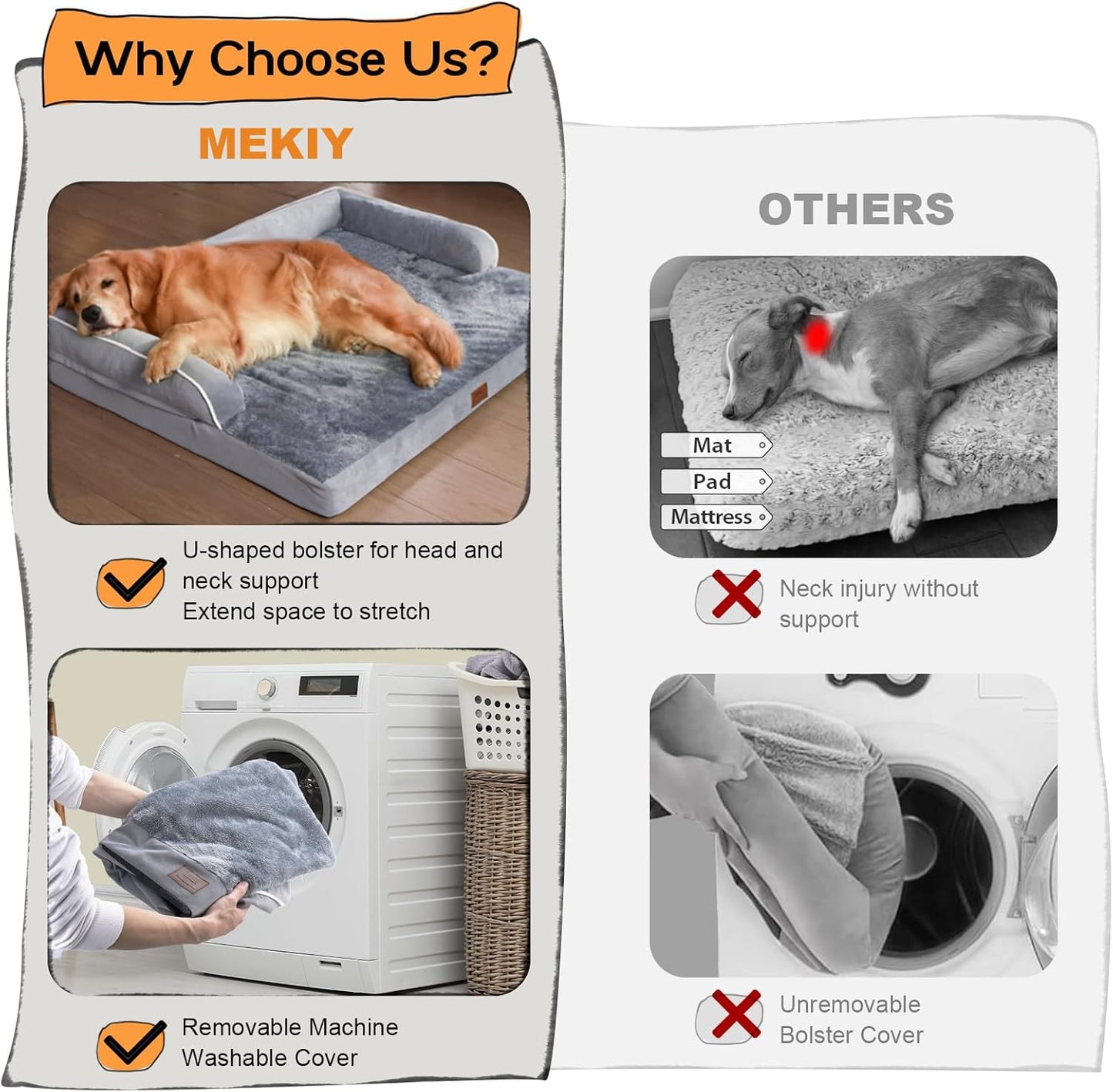 Large Dog Bed Orthopedic Washable, Big Large XXXLarge Dogs, Orthopedic Grey Extra Dog Bed with Waterproof Cover and Removable Egg Foam, Couch Bed Bolster