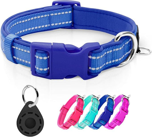 azuza Reflective Dog Collar with Airtag Holder, Soft Neoprene Padded Pet Collar with ID Tag Ring, Adjustable for Small Dogs,Royal Blue,S