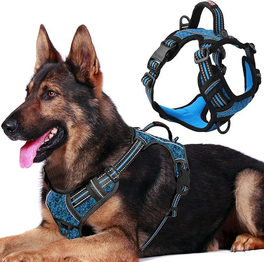 BARKBAY Dog Harness No Pull with ID Tag Pocket - Heavy Duty, Reflective, Easy Control for Large Dogs(Blue/Black,XL)