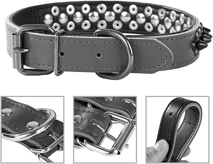 Spiked Studded Dog Collar, Genuine Leather Dog Collar, Adjustable Pet Collars for Medium Large Bulldog Pitbull Mastiff Poodle Boxer (M:29-38cm, Blue-1)