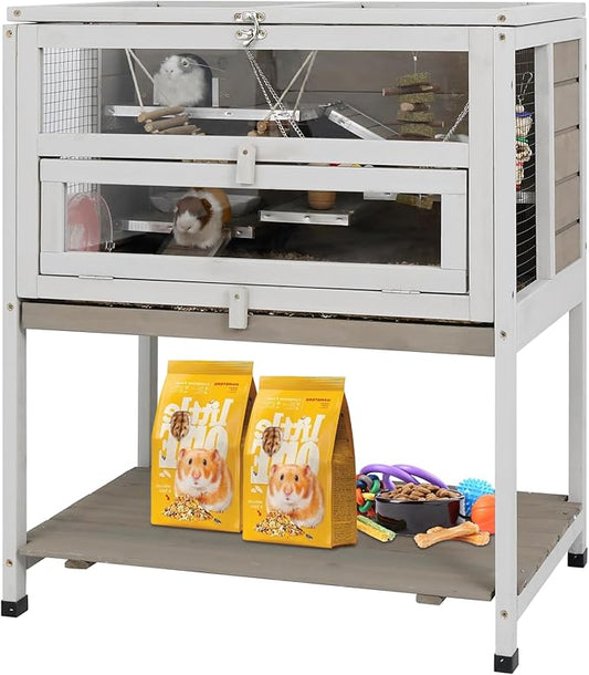 PetsCosset Guinea Pig Cages Wooden Hamster Cage Indoor with Stand and Storage Outdoor Small Animals Habitat with Metal Edges Ramps Hideout House,No Leak and Pull Out Tray, Easy Clean