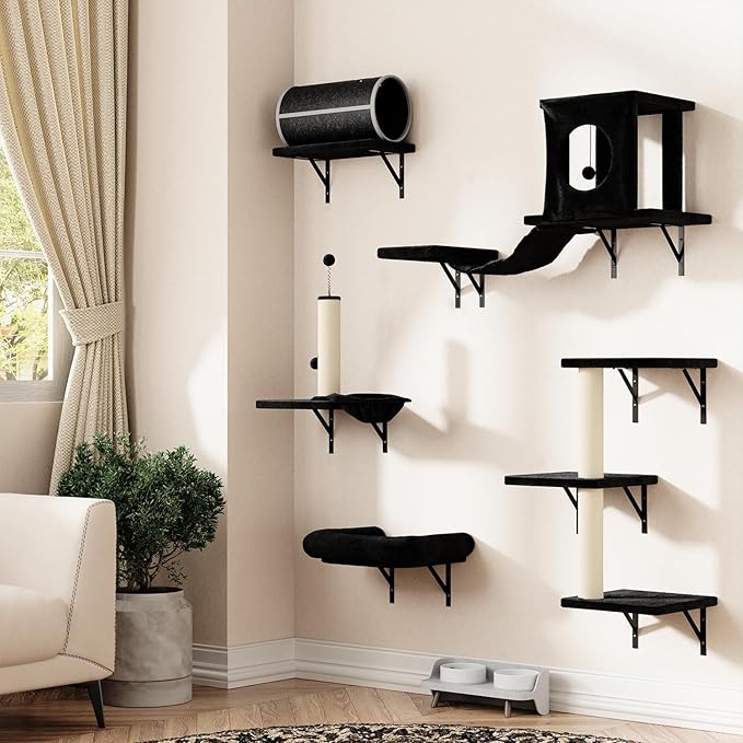 NUNU LAB 7-in-1 Wall Mounted Cat Climber Set, Cat Furniture with House, Tunnel, Bridge, Steps, Scratcher, Hammock, Shelves for Indoor, Black