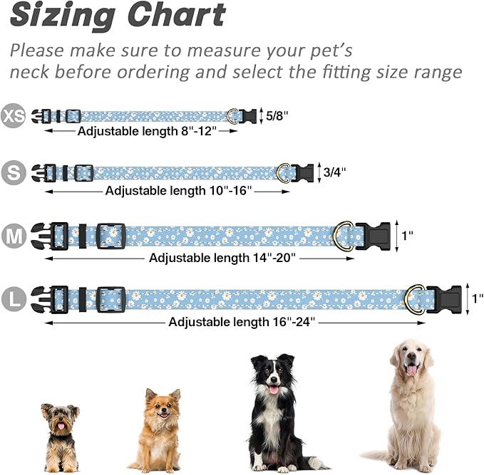 Reflective Dog Collar for Small Dogs, Cute Daisy Theme Adjustable Heavy-Duty Nylon Puppy Collar for Boy and Girl Female, Soft Pet Accessories with Quick Release Buckle, Neck 10-16", Blue