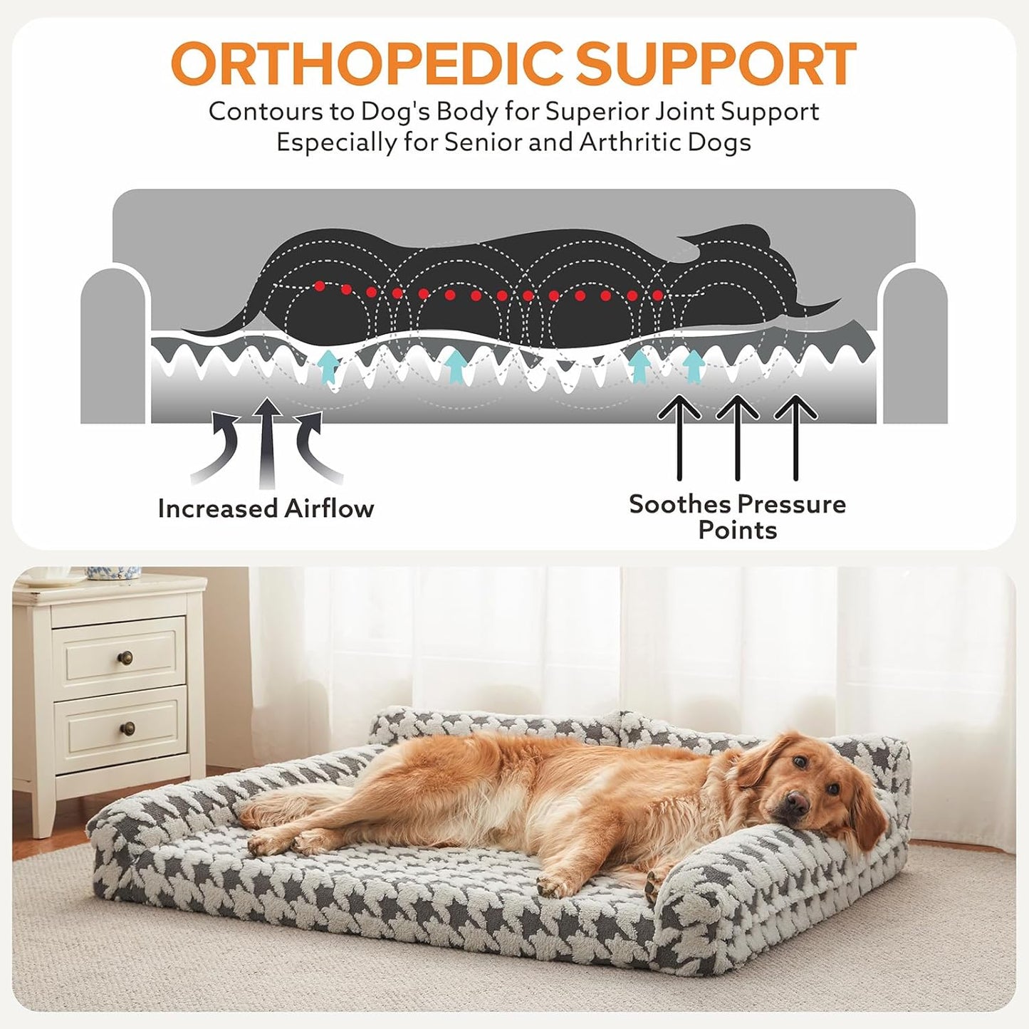 FURTIME Orthopedic Dog Beds Large Sized Dog, XL Washable Memory Foam Pet Couch Bed with Removable Washable Cover, Non-Slip Bottom with Bolster Sides, Grey