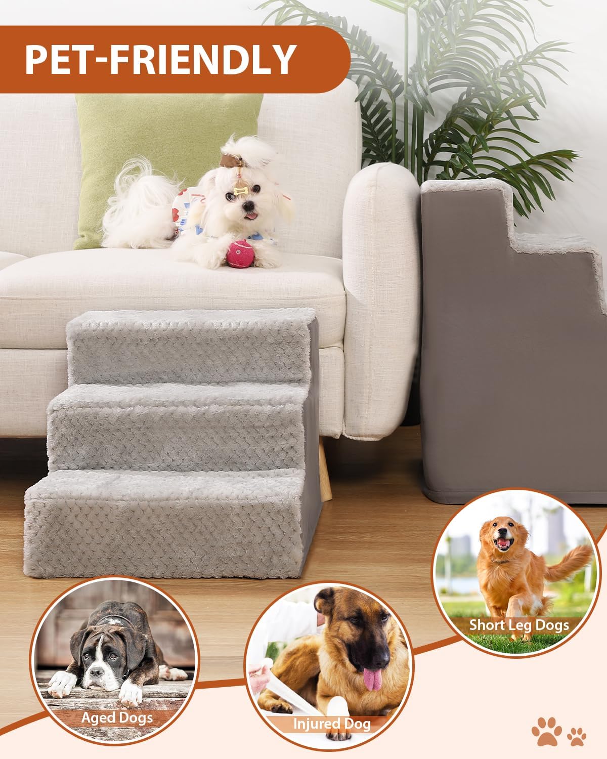 Dog Stairs for Small Dogs,13" H,3-Step Dog Steps for High Bed,Couch,Pet Stairs for Dogs and Cats Climbing with Non-Slip Bottom and Washable Cover,Light Grey