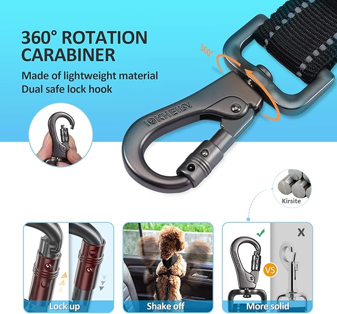 Dog Seat Belt 3-in-1 Car Harness for Dogs Adjustable Safety Seatbelt for Car Nylon Reflective Bungee Fabric Dog Car Harness with Clip Hook Latch & Buckle, Swivel Zinc Alloy Carabiner (Black)