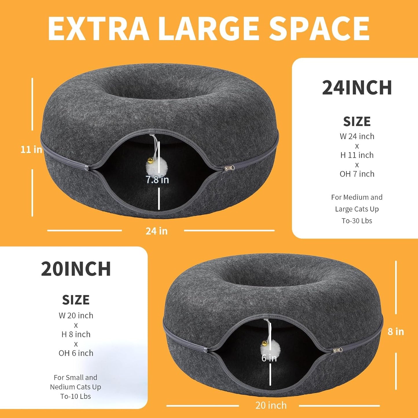 Jia Xi Indoor Cat Hideout Tunnel Bed - Donut Cat Condo and Cave - Dark Grey (20 in * 20 in * 8 in)