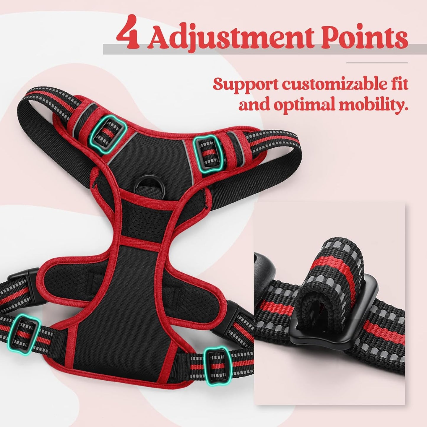 rabbitgoo Dog Harness No Pull with 2 Leash Clips, Adjustable Soft Padded, Reflective Oxford No Choke Pet Vest with Easy Control Handle for Large Dogs, Black & Red, L