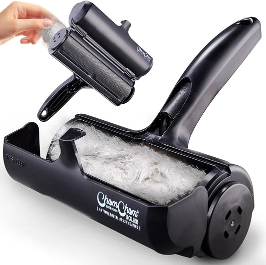 ChomChom Roller Pet Hair Remover and Reusable Lint Roller - Cat and Dog Hair Remover for Furniture, Couch, Carpet, Clothing and Bedding - Portable, Multi-Surface Fur Removal Tool (Black)