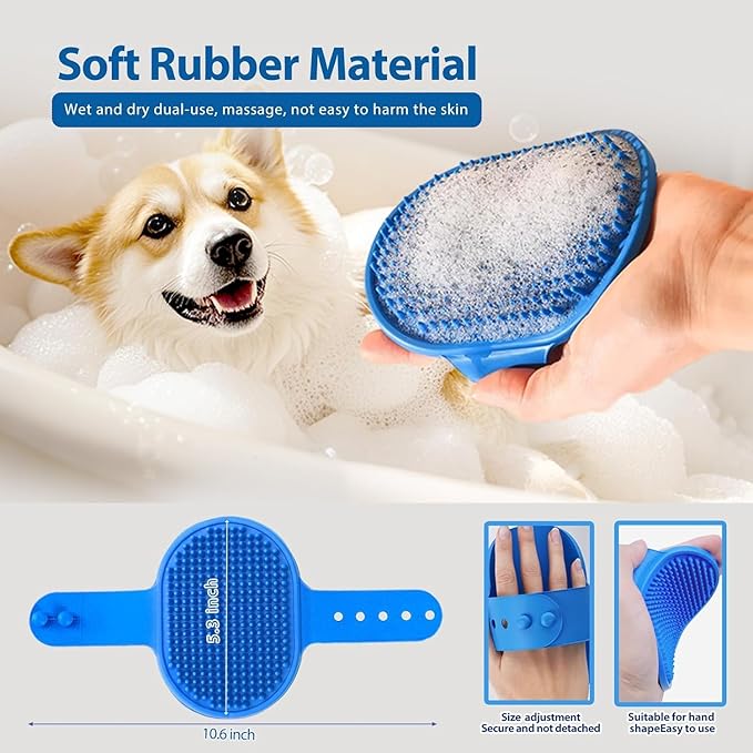4 Pack Pet Grooming Kit - Deshedding Rake, Fine Tooth Comb, Grooming Gloves & Bath Brush for Dogs,Cats and Horses - Skin Friendly Deshedding Grooming Tool (Blue)