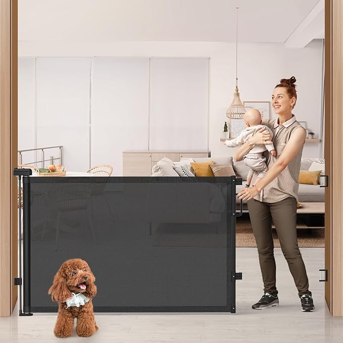 76" Retractable Baby Gates Extra Wide, Mesh Long Dog Gate for Wide Openings, Indoor Outdoor Stair Gate for Doorways Hallways Deck Porch, Child Pet Safety Essentials for Home, Black