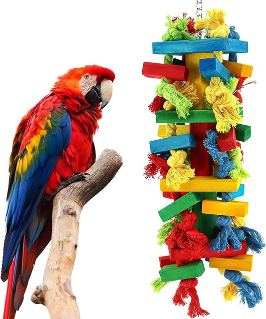 Bird Toys for Large Parrots - Macaw, African Grey, Cockatoo, Beak Exercise Chewing Toy with Colorful Wood Blocks & Ropes, Boredom Relief