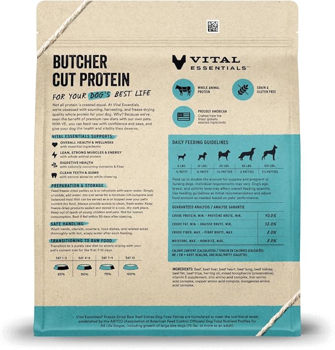 Vital Essentials Freeze Dried Raw Dog Food, Beef Patties Entree, 30 oz