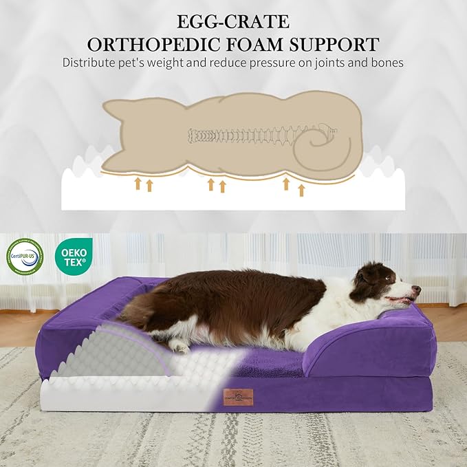 Comfort Expression Orthopedic Dog Bed for Medium Dogs 30x20 Inch, Waterproof Egg Crate Foam Medium Pet Bed with Removable Bolsters, Dog Couch with Washable Cover & Non-Slip Bottom, Deep Purple