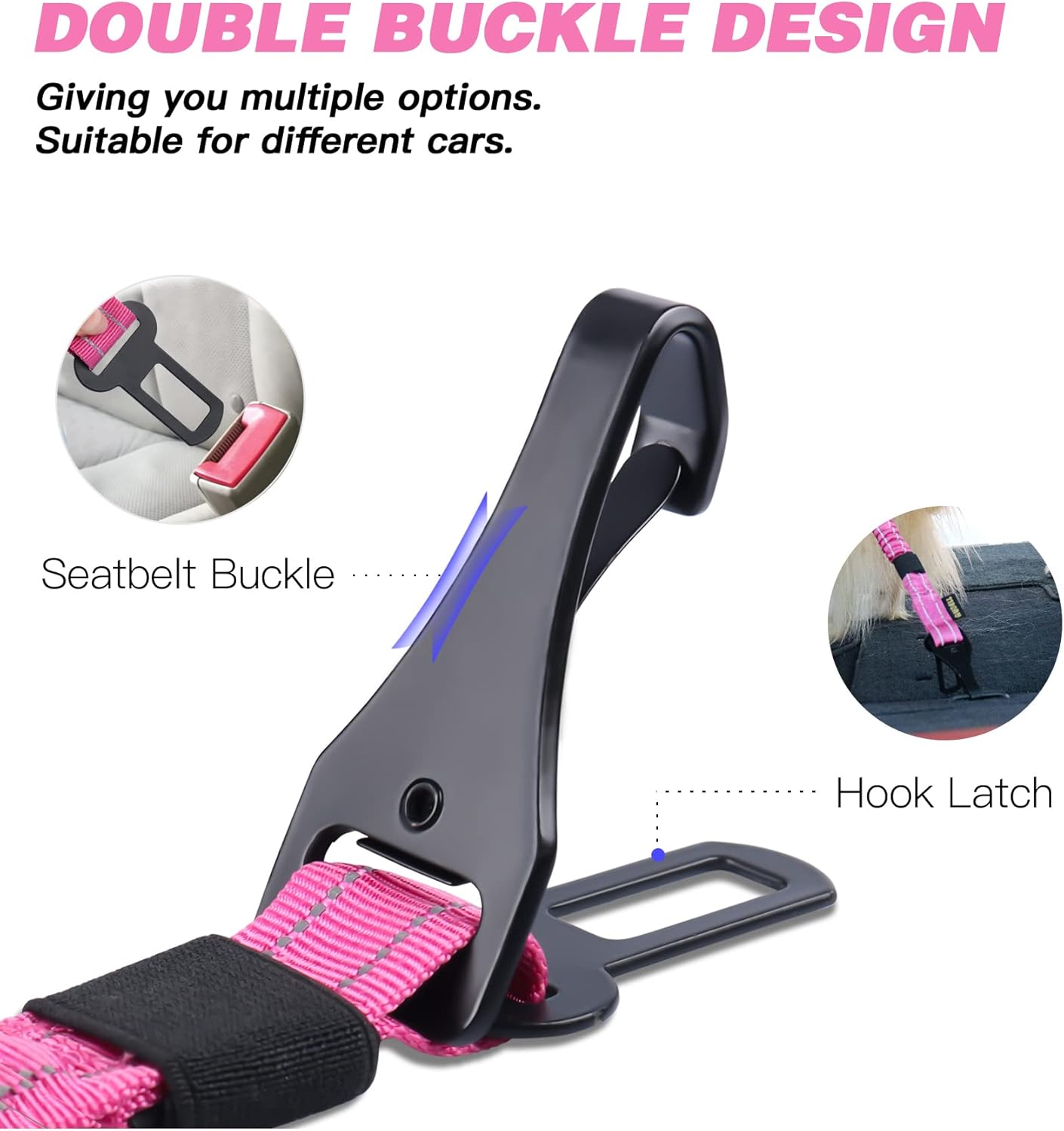 AUBELL Dog Seat Belt for Car,Updated 3-in-1 Adjustable Reflective Bungee Heavy Duty Dog Car Harness Tether with Clip Hook Latch & Buckle,Swivel Zinc Alloy Carabiner,Hotpink