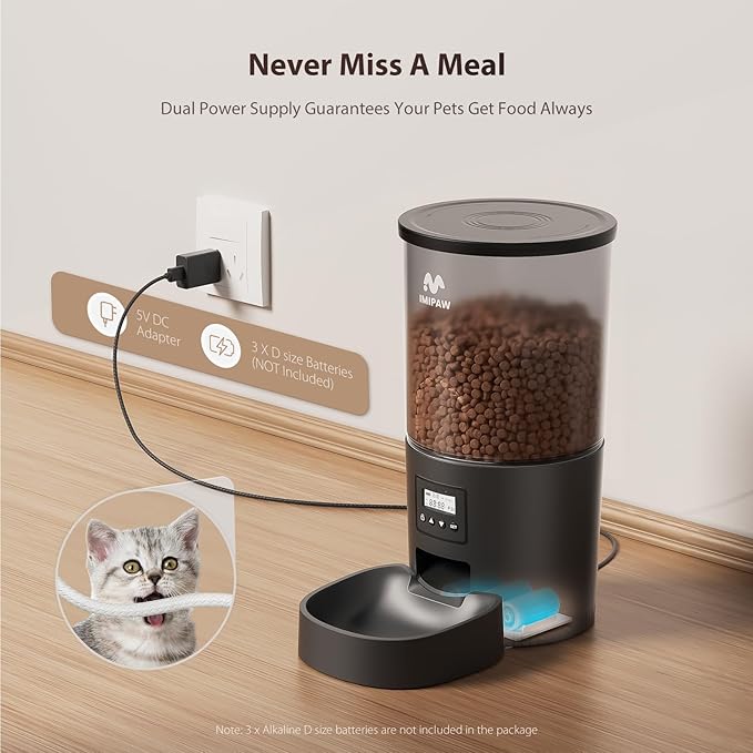 Automatic Cat Feeders, 5L Large Capacity, Timed Feeding Dry Food, Dual Power Design, Programmable Portion Size, 1-6 Meals Per Day, with Desiccant, Suitable for Small Pets Food Dispenser, Black